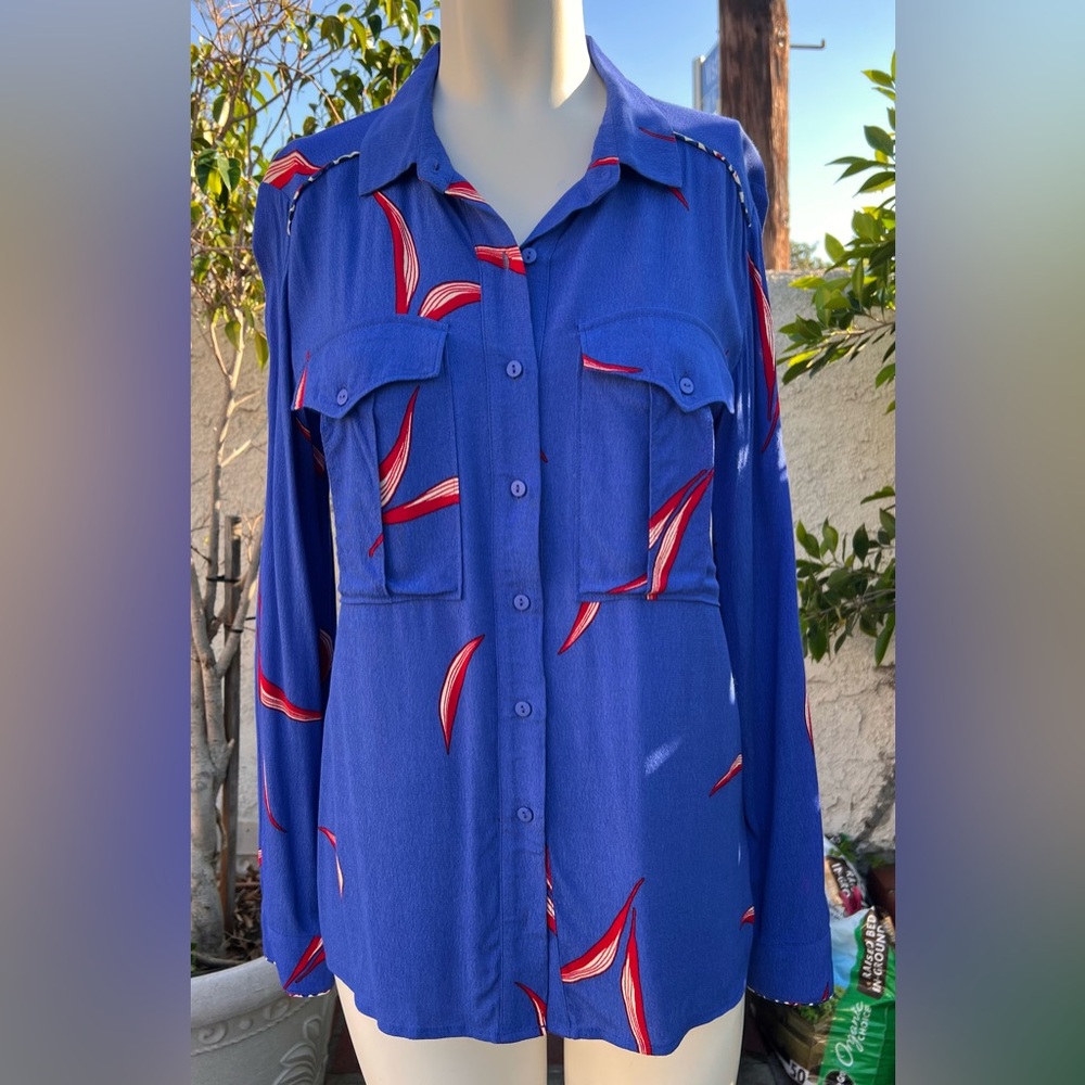 ba&sh Royal Blue w/ red & cream leaf print Blouse